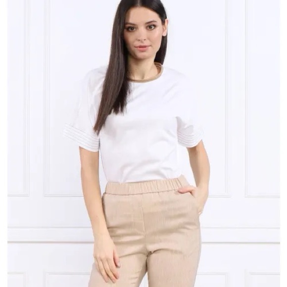 Peserico White Short Sleeve Tee With Pleated Sleeve Detail